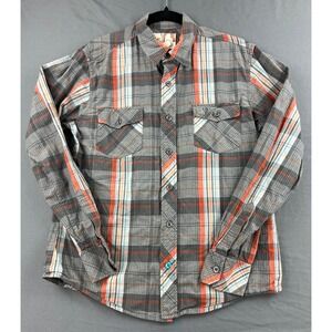 OP Ocean Pacific Shirt Mens Medium Plaid Button Down Grey Orange Cotton Good